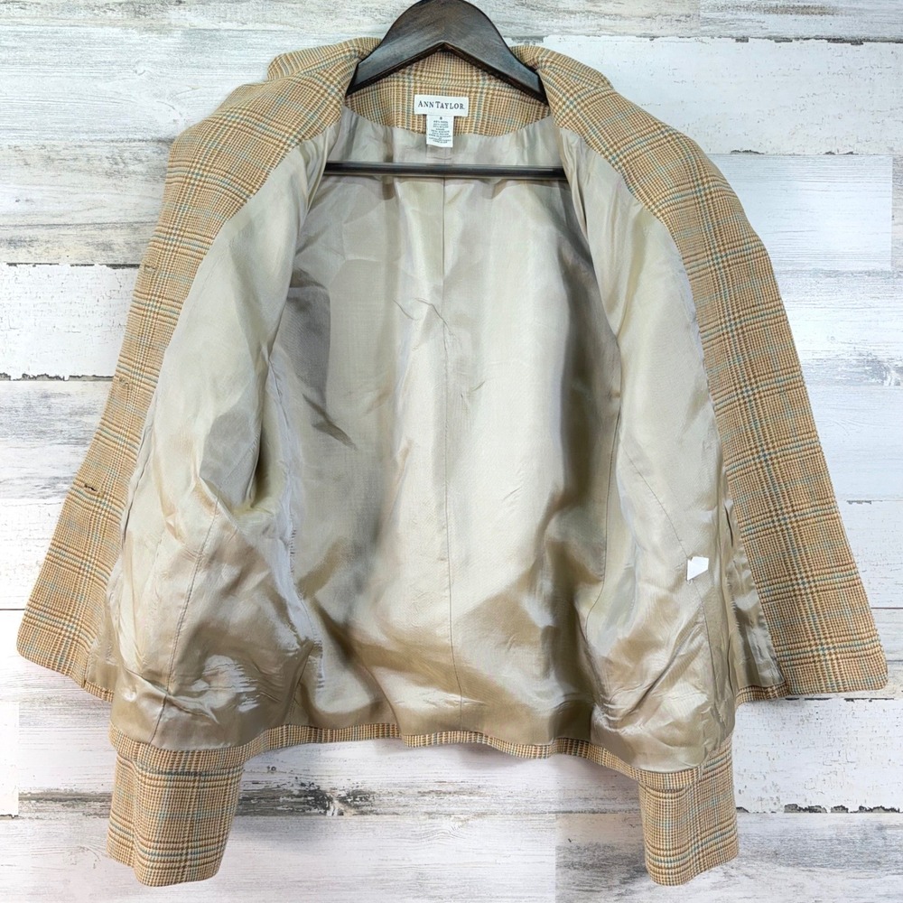 Ann Taylor Womens Brown Tan Plaid Wool Linen Blend 3 Button Blazer Jacket Size 8 - Picture 4 of 12